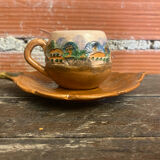Teapot + 3 Antique Glazed Terracotta Cups Landscape Decor Vintage
