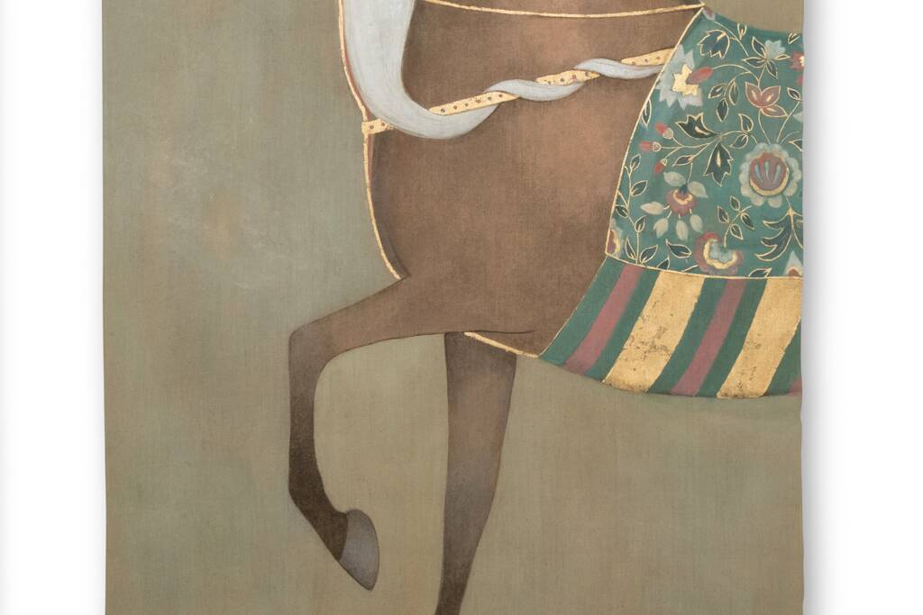 Painted canvas depicting a side view of an Indian horse. Contemporary work.