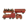 Old wooden train toy vintage locomotive and 3 cars