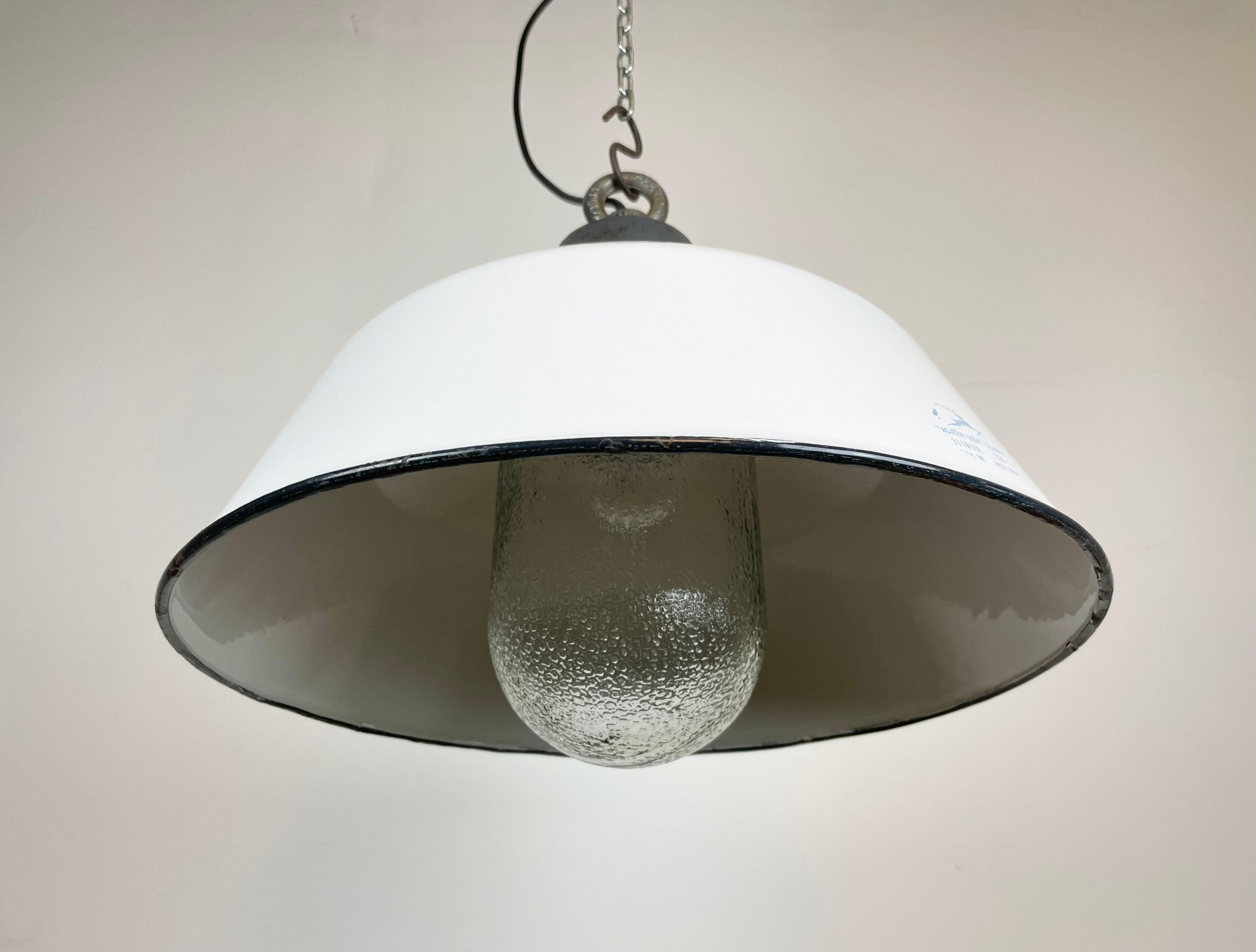 White Enamel and Cast Iron Industrial Pendant Light with Glass Cover, 1960s