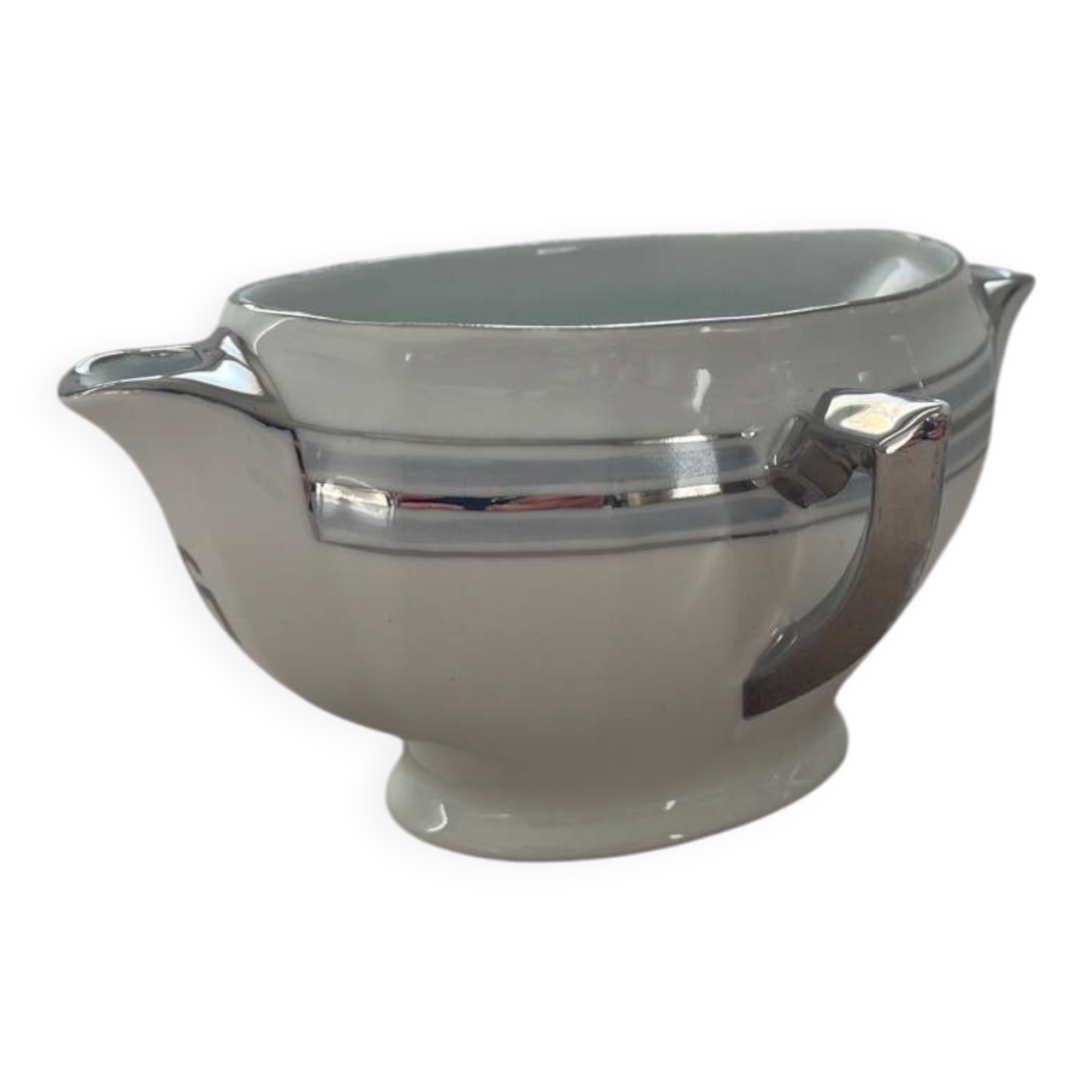 Antique white French porcelain sauce boat M&S with silver trim.