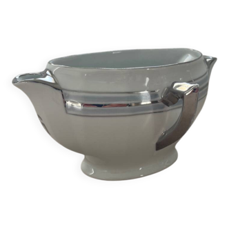 Antique white French porcelain sauce boat M&S with silver trim.