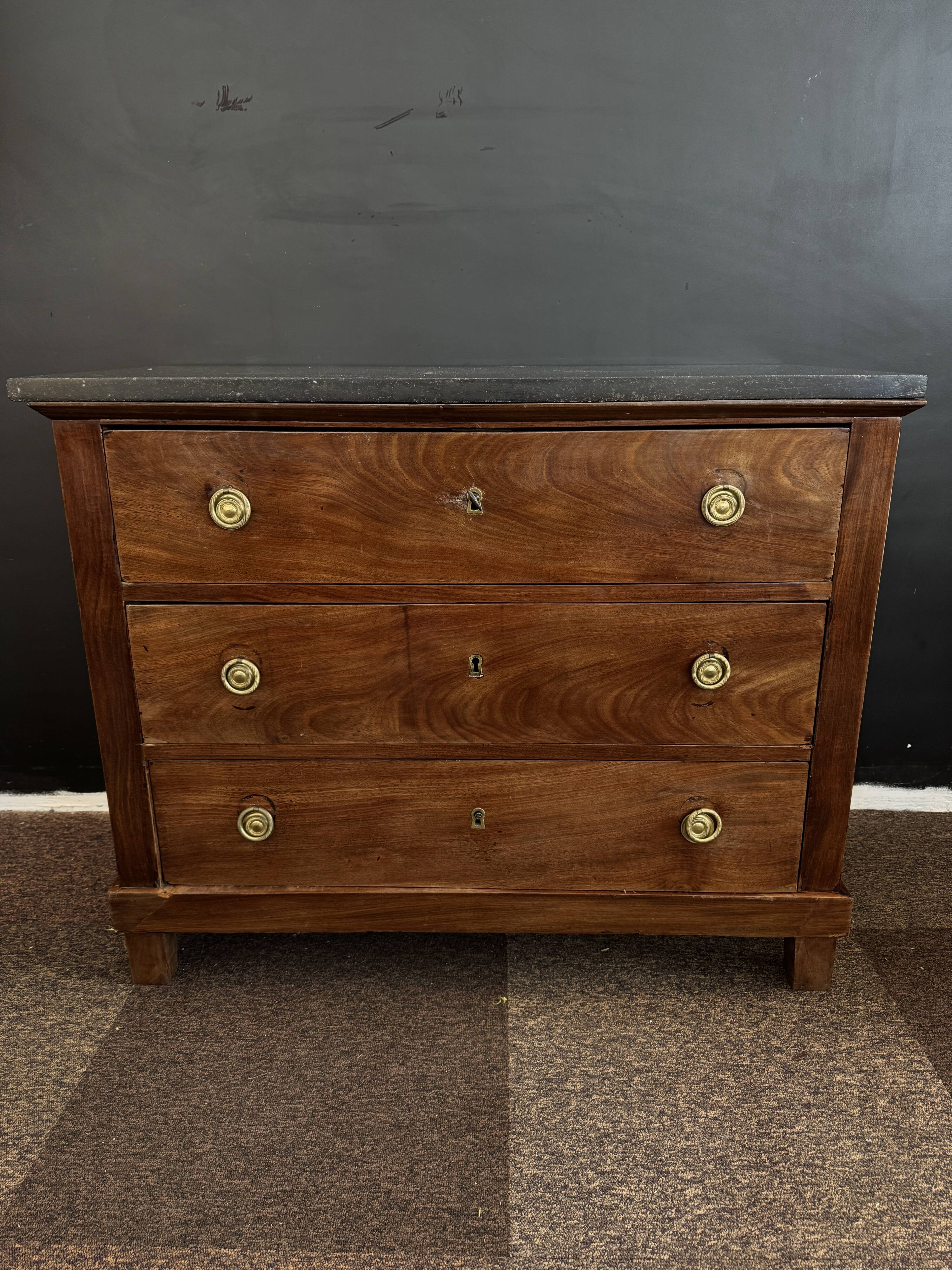 Empire style chest of drawers with 3 drawers and marble top - solid mahogany
