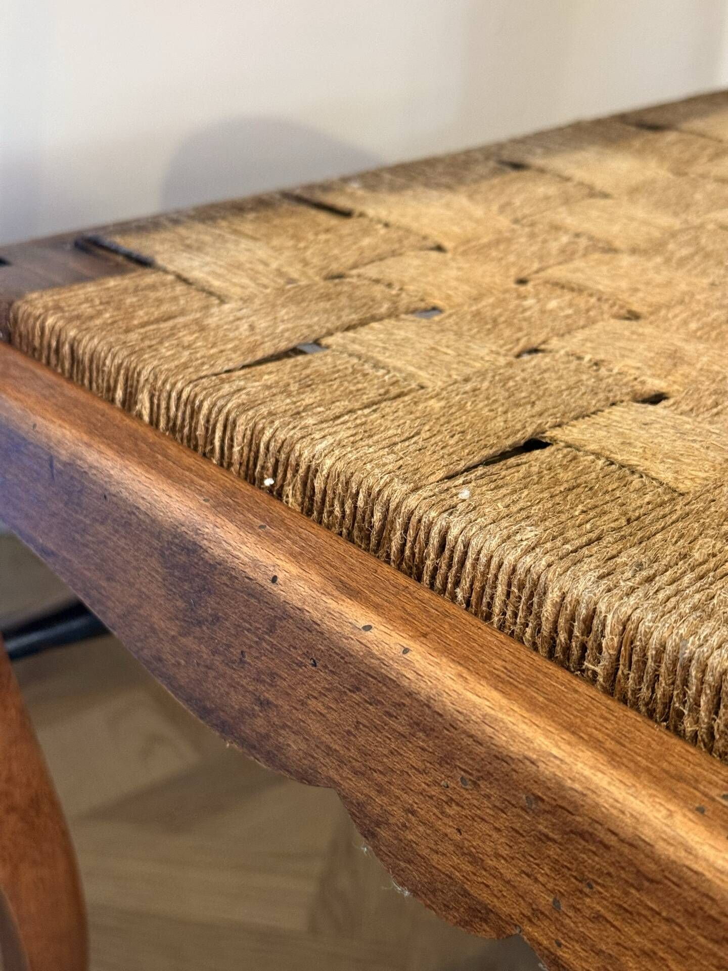 Pair of Provençal armchairs, wood and woven cord — mid-20th century