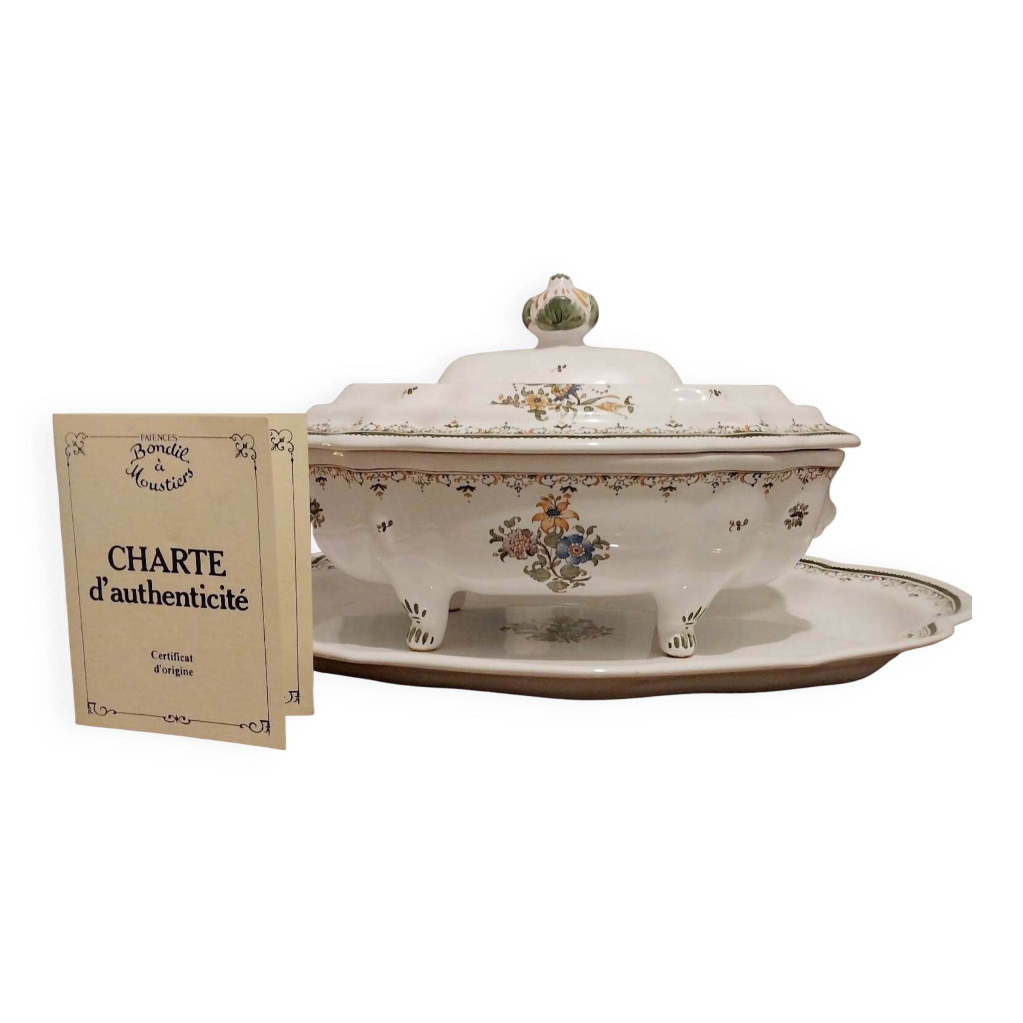 Soup tureen and dish signed Bondil from Moustiers, Provençal art pottery.