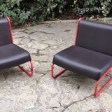 Pair of vintage drivers in red steel and skaï, France 1970