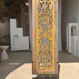Rectangular Indonesian construction element with blue and yellow plant in carved wood