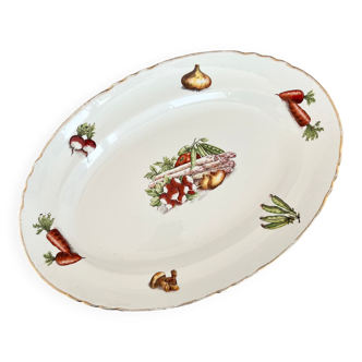 Plat de service vintage - Porcelaine blanche liseré doré - Motifs légumes