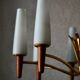 Scandinavian mid-century chandelier, teak, brass, opaline glass, 8 arms, 1950-1960.