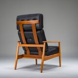 Armchair with Model FD 164 frame by Arne Vodder and Model 118 armrests by Grete Jalk in teak and black leather, Denmark, 1960s