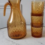 Set of carafe and 3 amber whisky glasses 70s