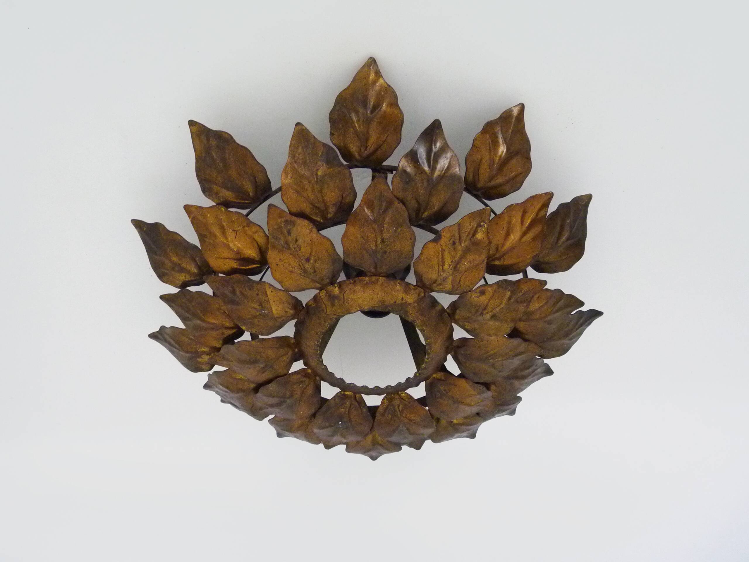 Sun ceiling light, foliage ceiling light in gold metal, vintage ceiling light. 70s