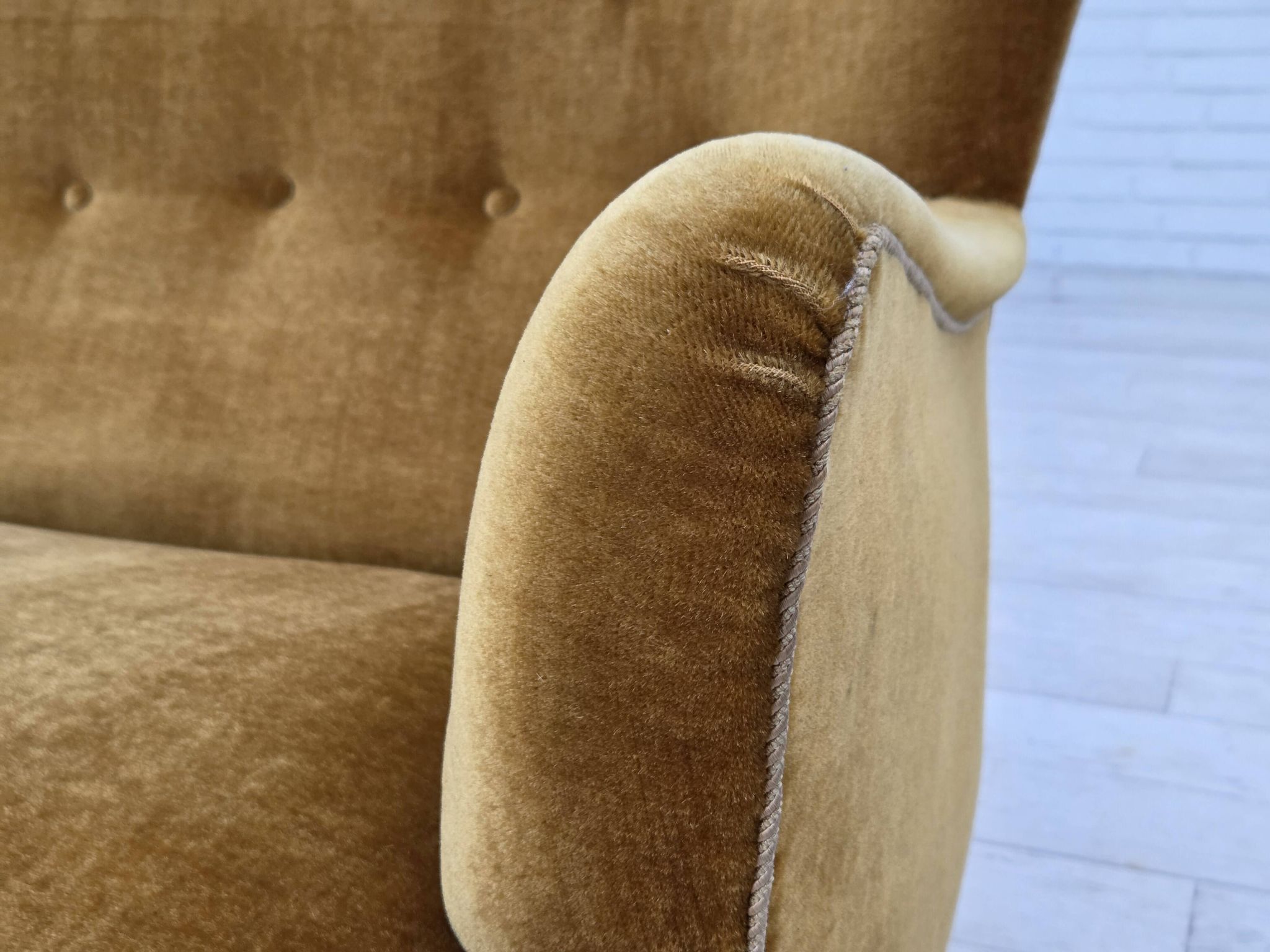1960s, Danish 3-seater sofa, honey-yellow furniture velour, beech wood.