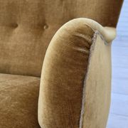 1960s, Danish 3-seater sofa, honey-yellow furniture velour, beech wood.