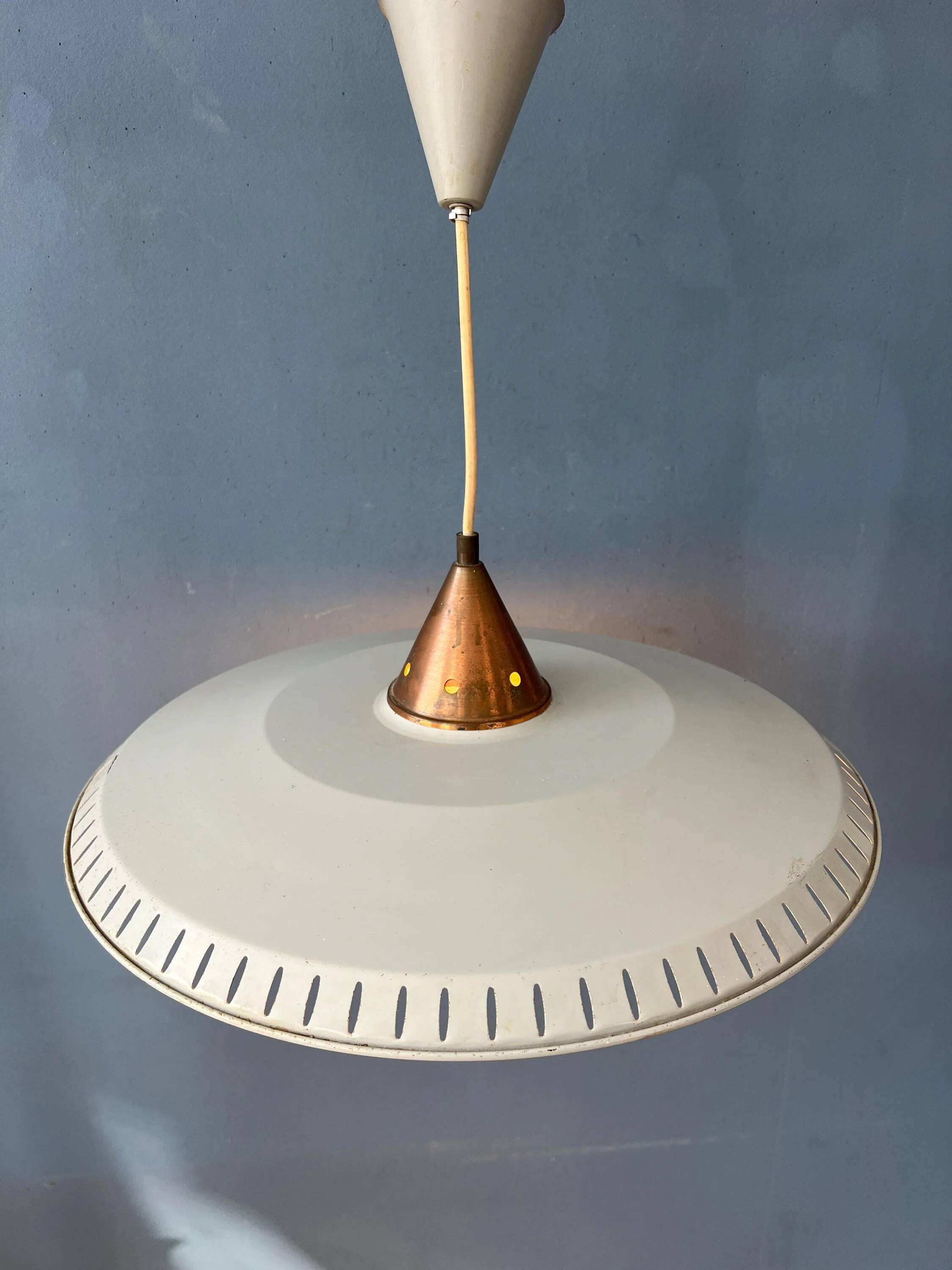 Vintage suspension by Louis Kalff in enamelled metal and opaline glass.