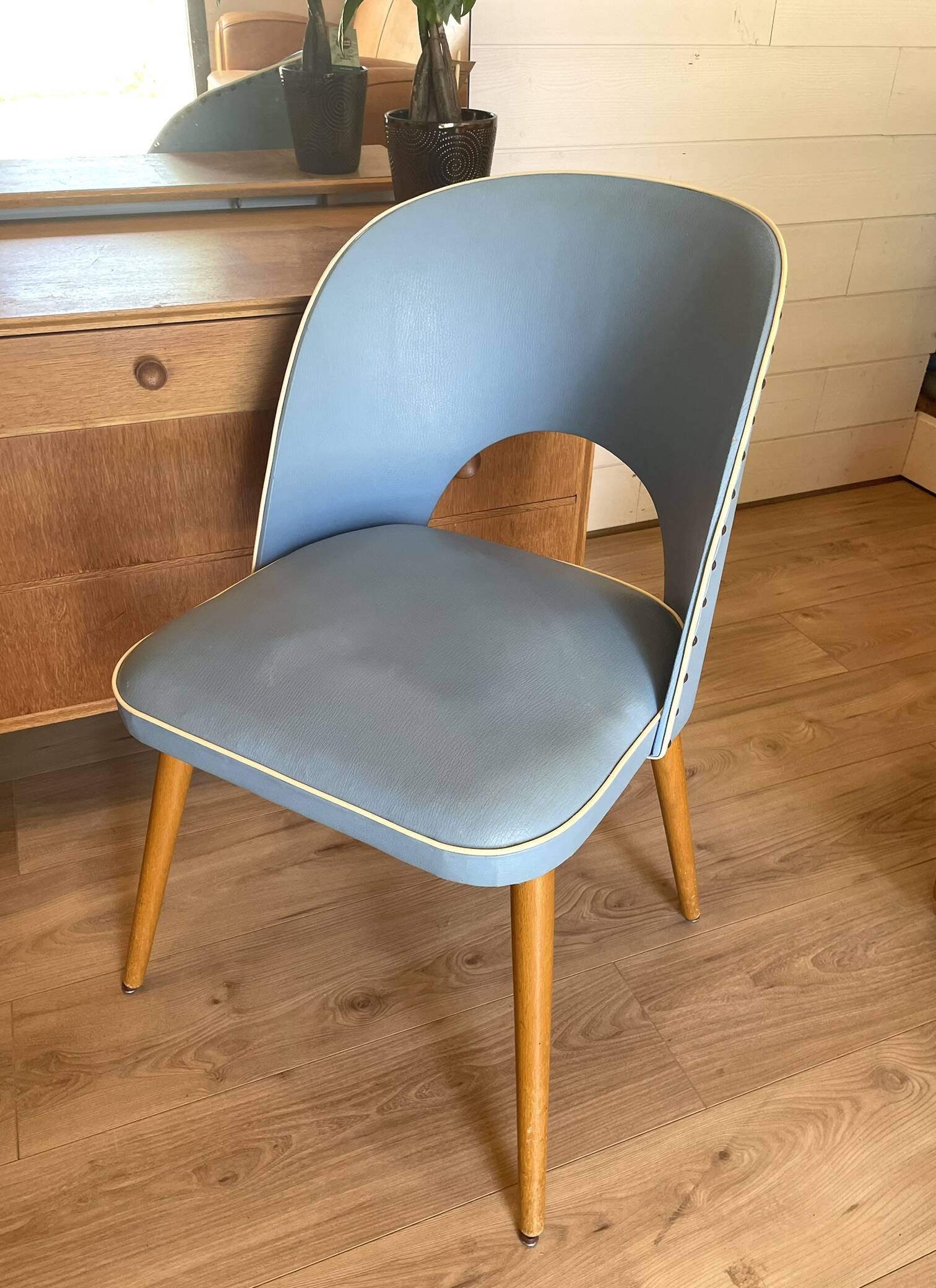 Vintage 1950s Chair Pair – Blue Faux Leather & Compass Legs (Guaric Style)