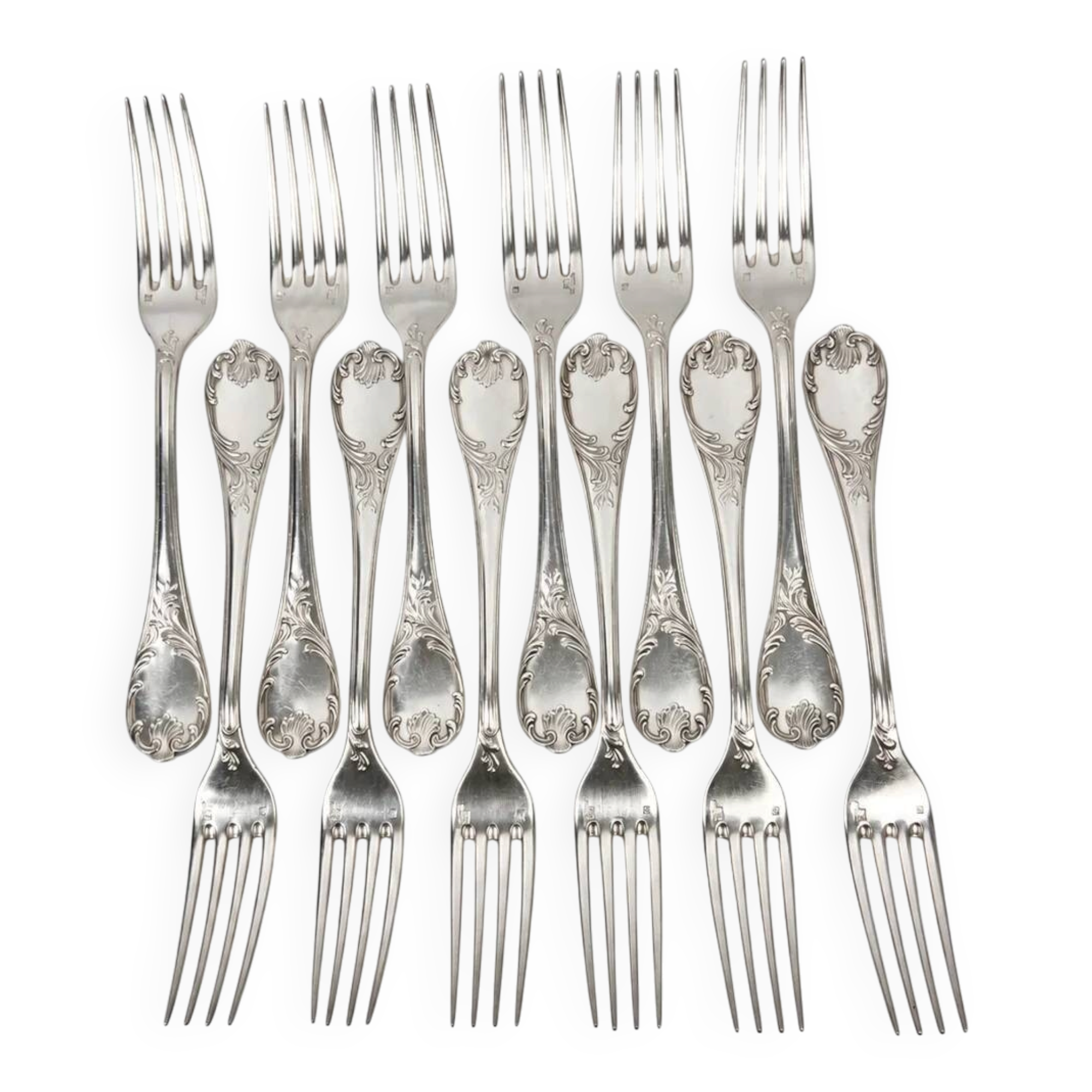 Twelve large table forks Christofle Marly, silver-plated metal.