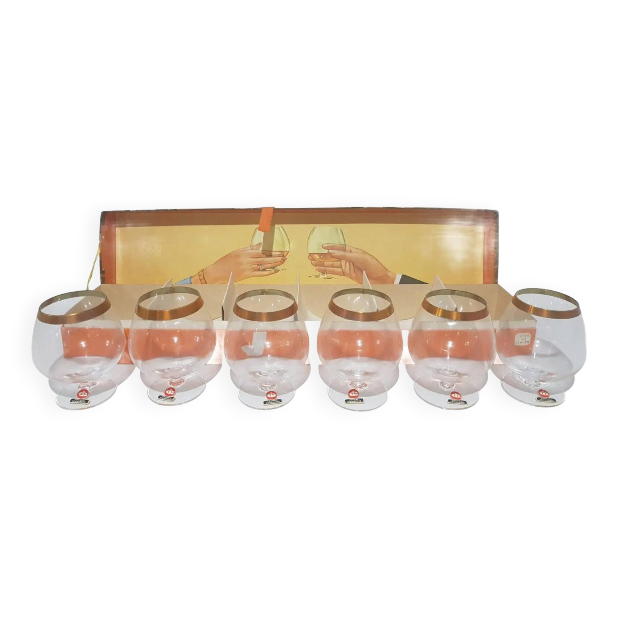 Set of 6 cognac glasses, clear glass, gilding / Austria / 1960s.
