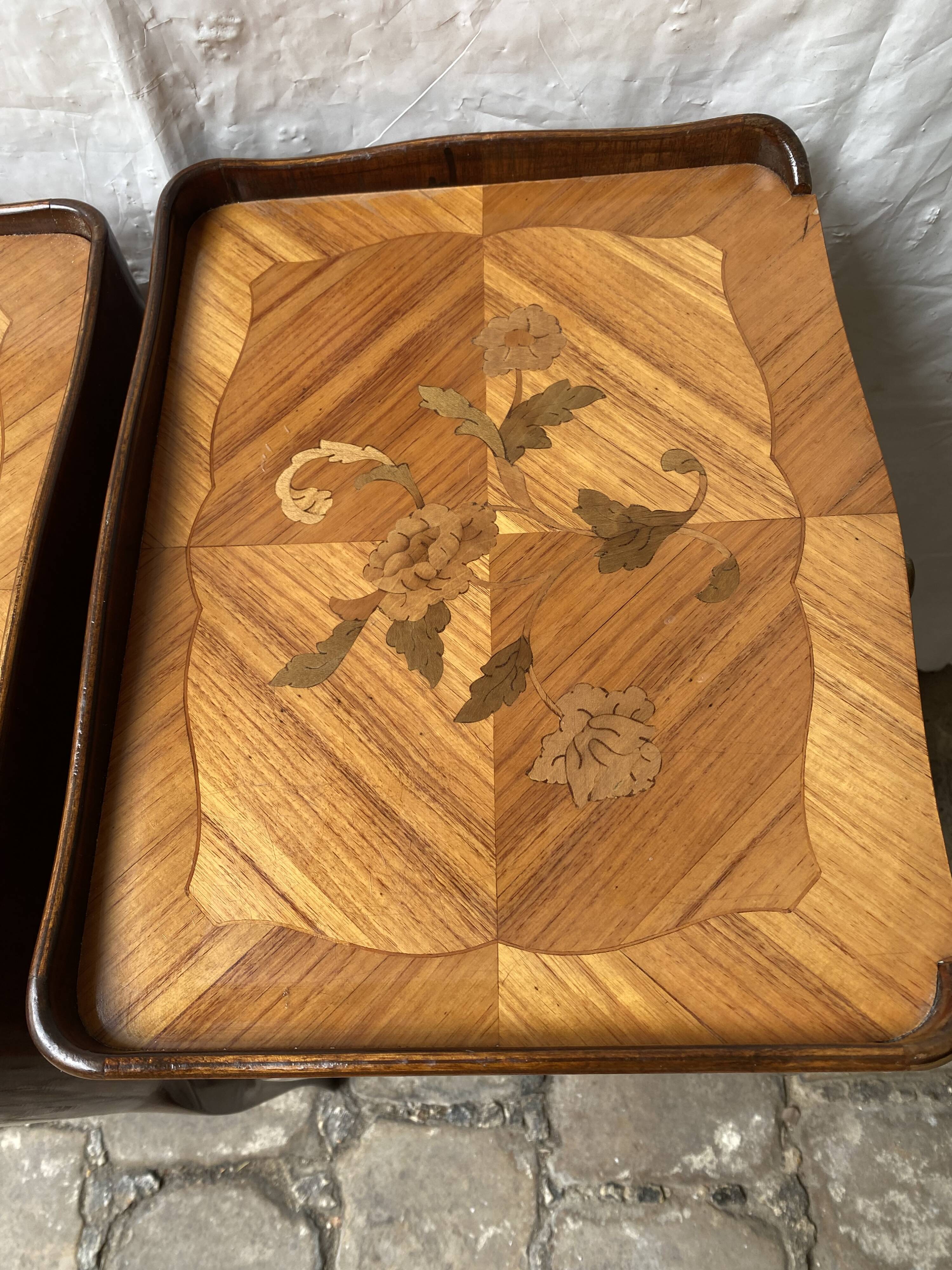Pair of bedside tables/side tables in Louis XV style marquetry.