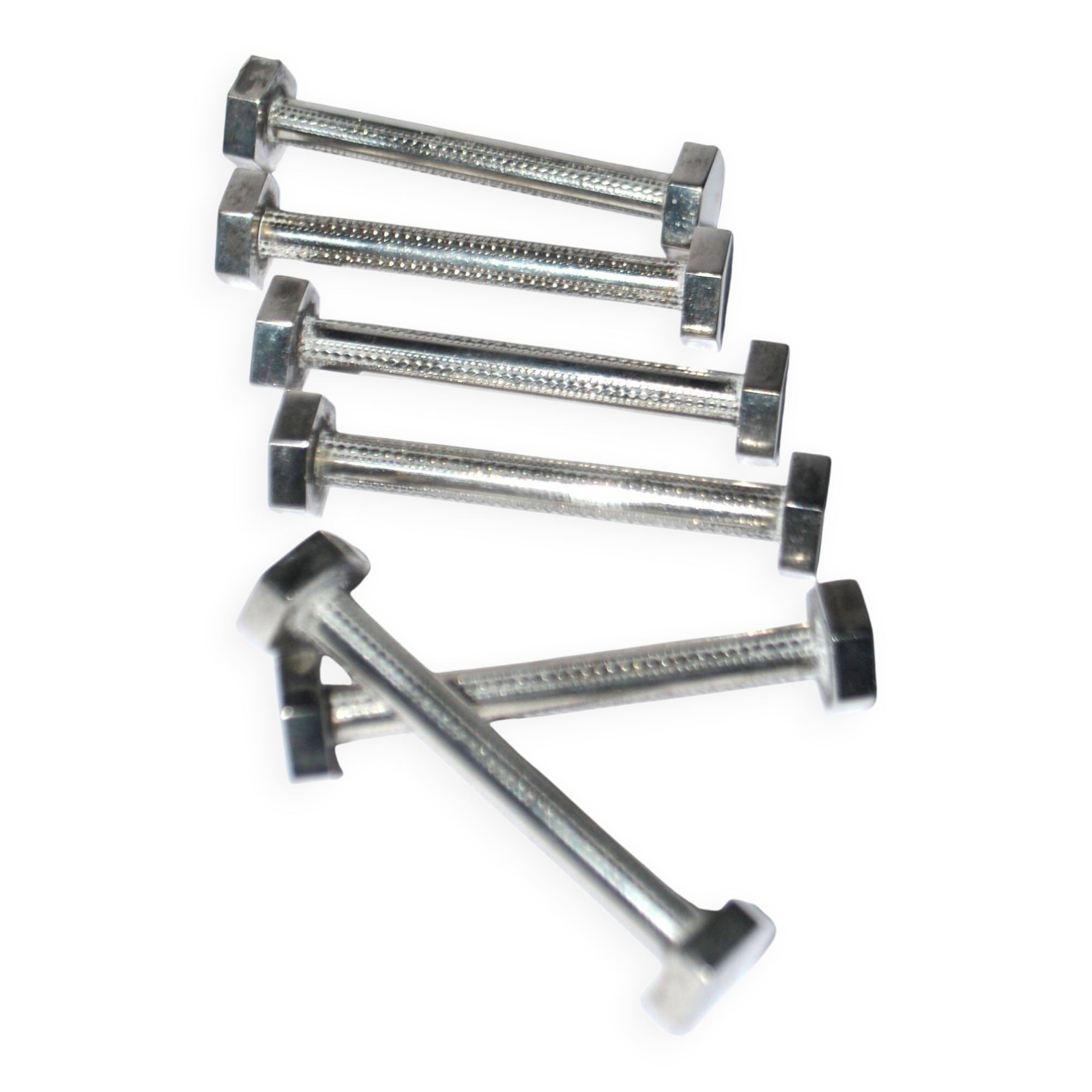 Set of 6 modernist industrial design silver metal nut and bolt knife rests