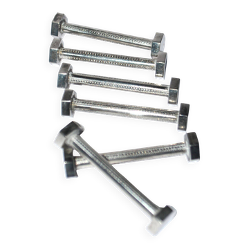 Set of 6 modernist industrial design silver metal nut and bolt knife rests