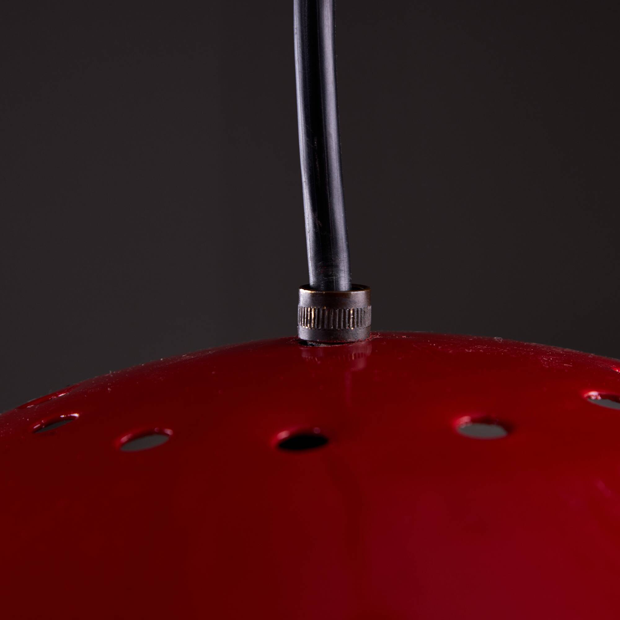 Italian, Hemispherical Red Aluminum Pendant with Round Holes on Top, 1970s