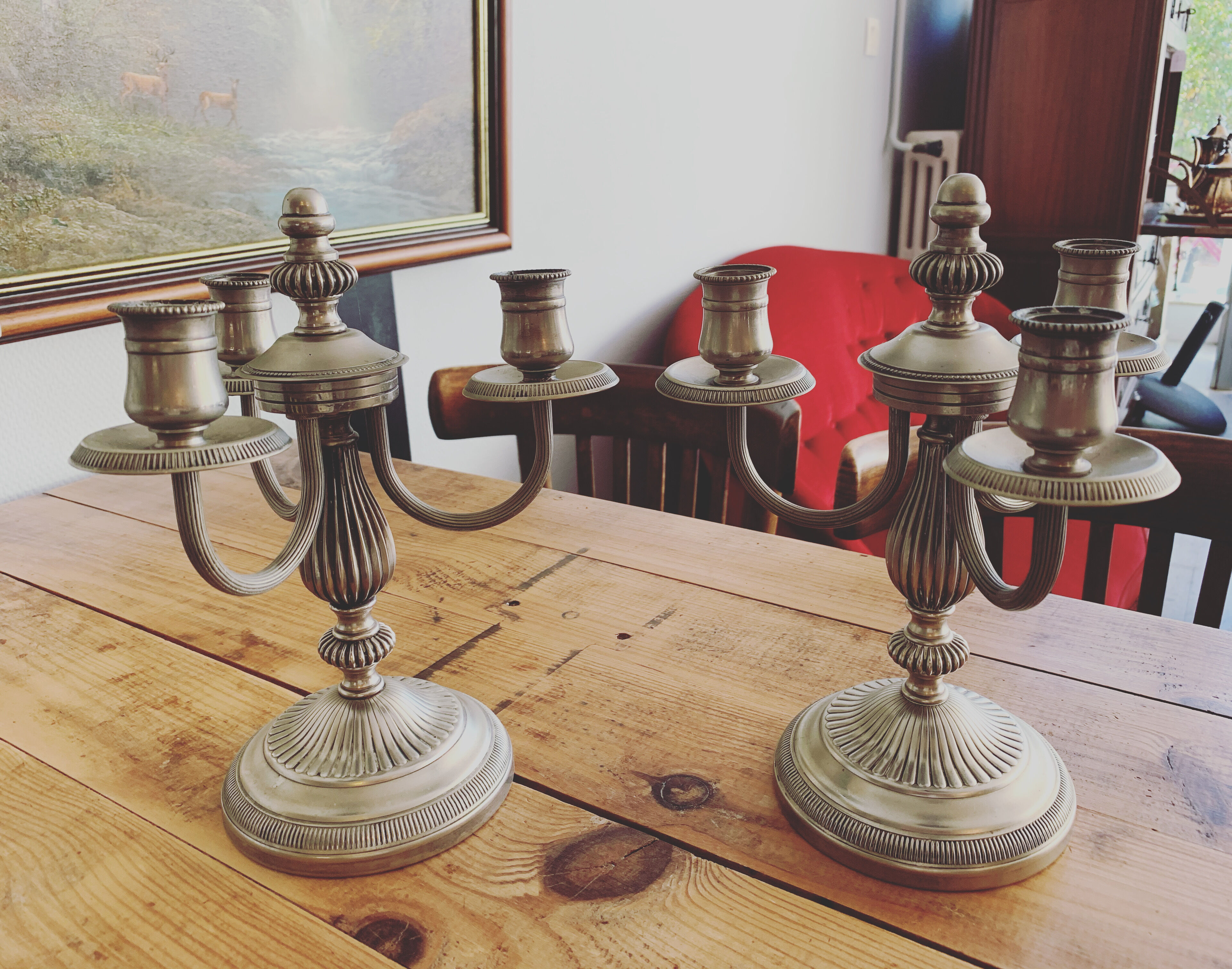 Pair of candlestick 3 branches in tin