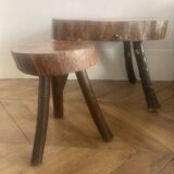 Brutalist wooden table and 3 stools