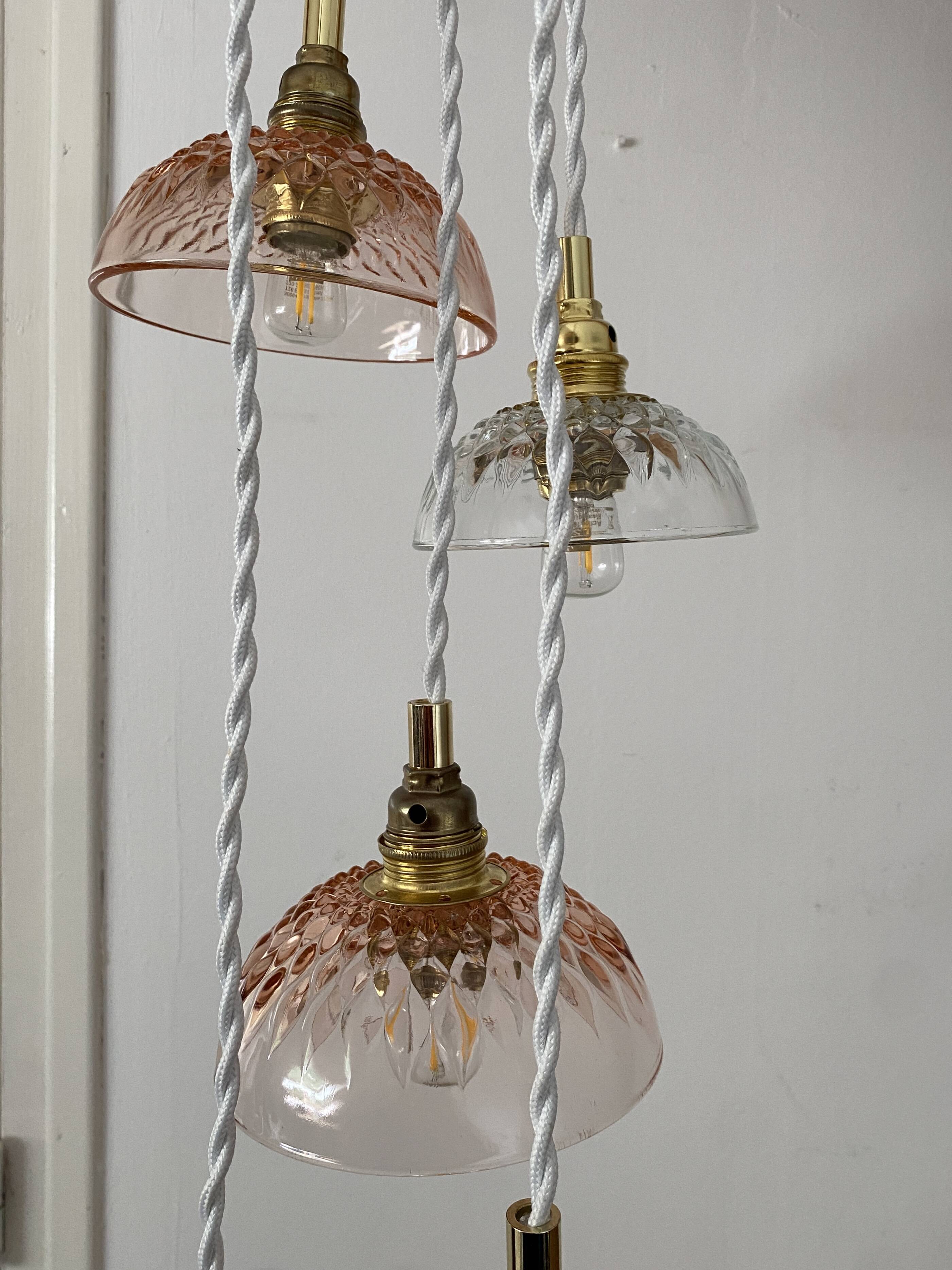 5-light waterfall pendant light with vintage pink and transparent glass shades