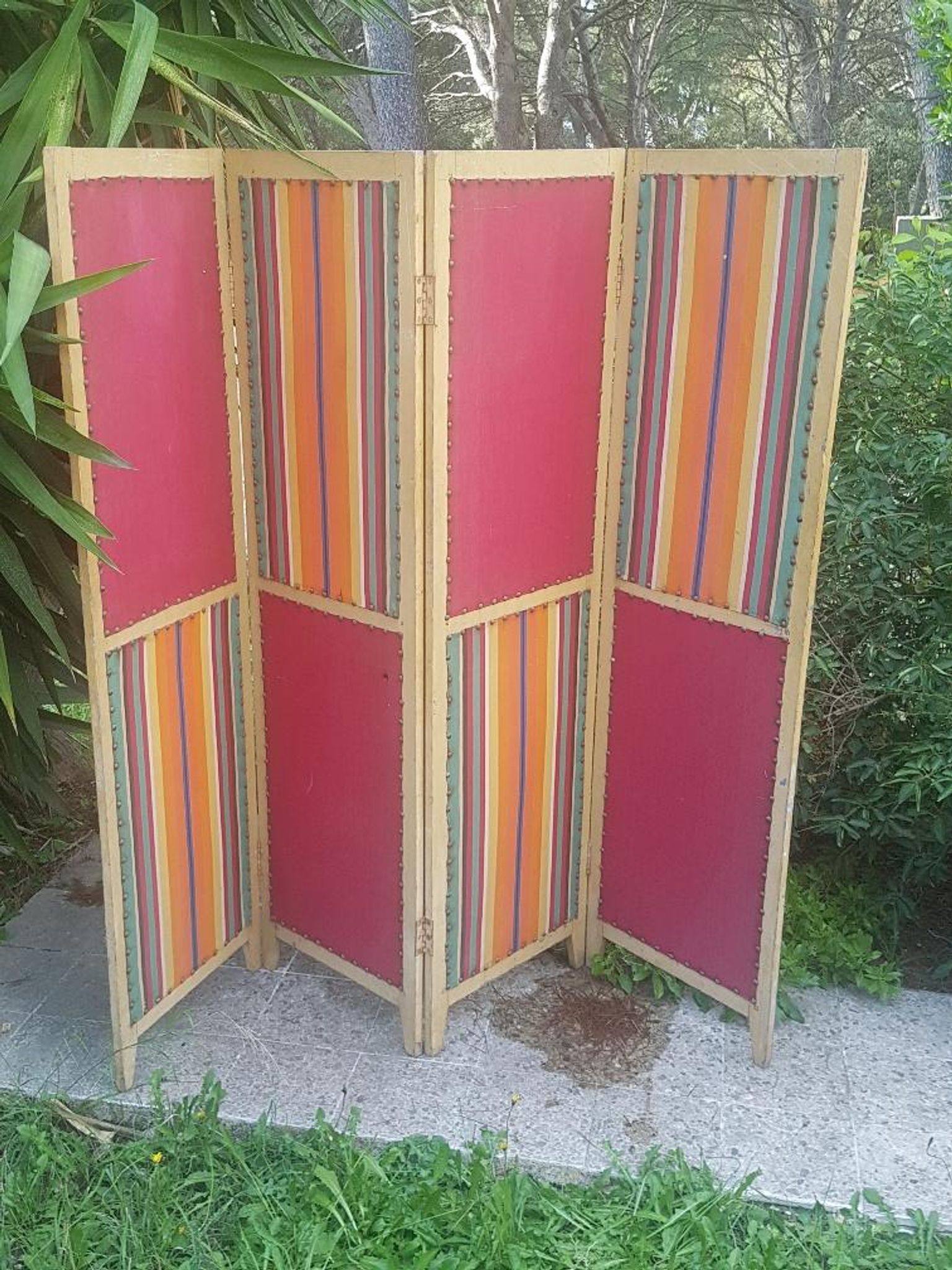 Paravent ancien 4 feuilles bois et tissu