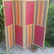 Paravent ancien 4 feuilles bois et tissu