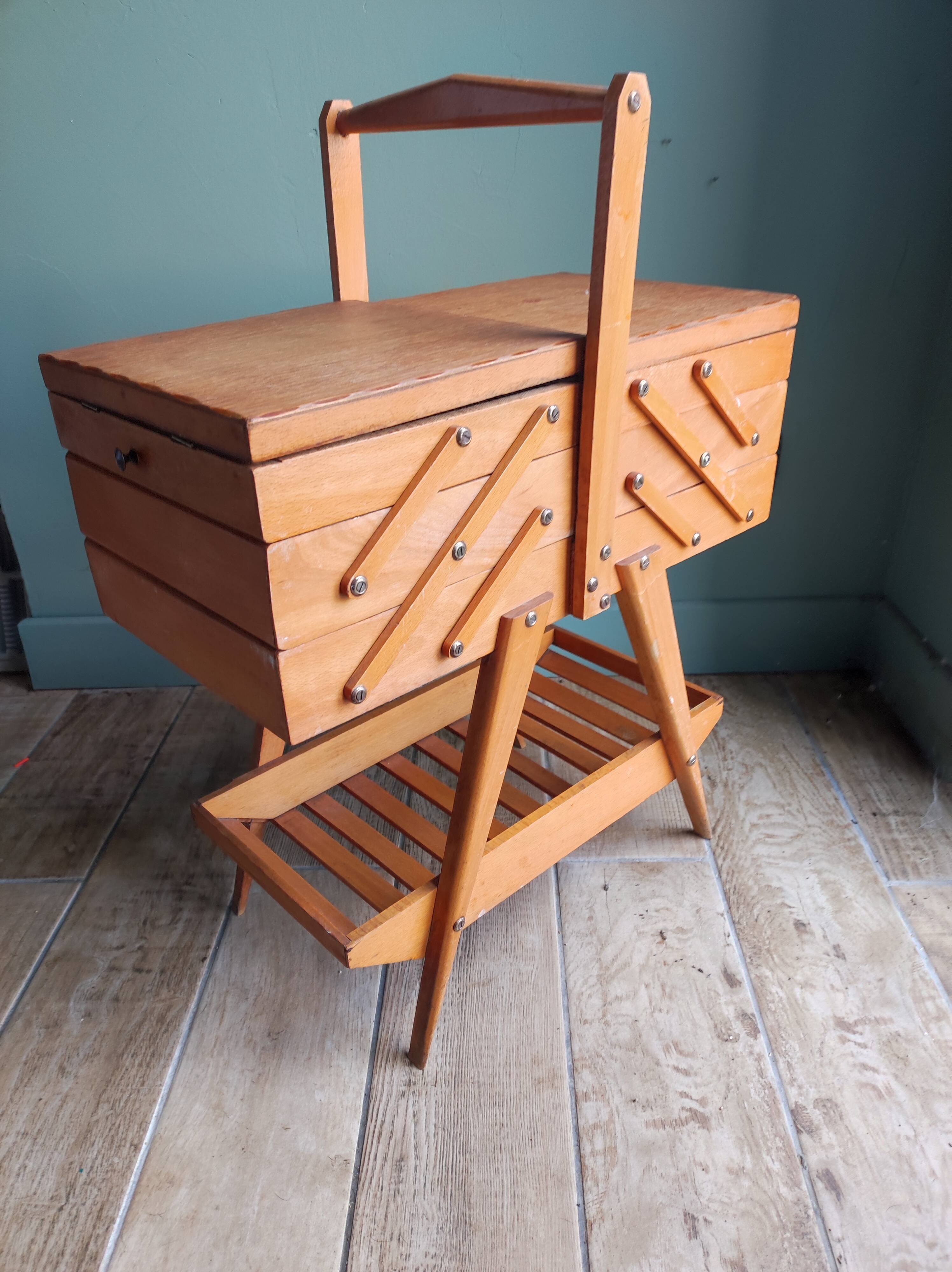 Sewing box worker wood feet compass vintage Scandinavian design