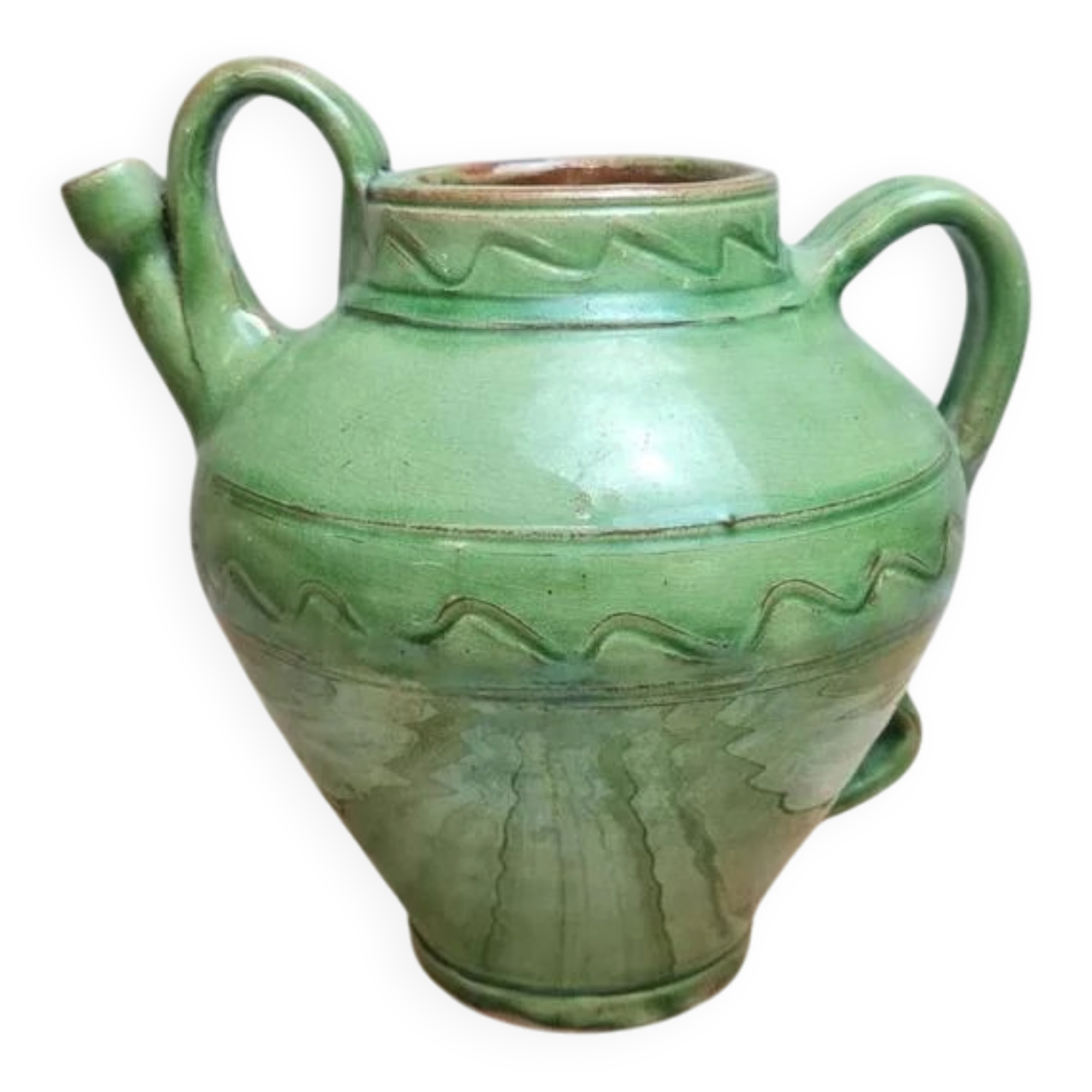 Potiche / cruche en grès vernissé vert – style artisanal vintage