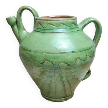 Potiche / cruche en grès vernissé vert – style artisanal vintage