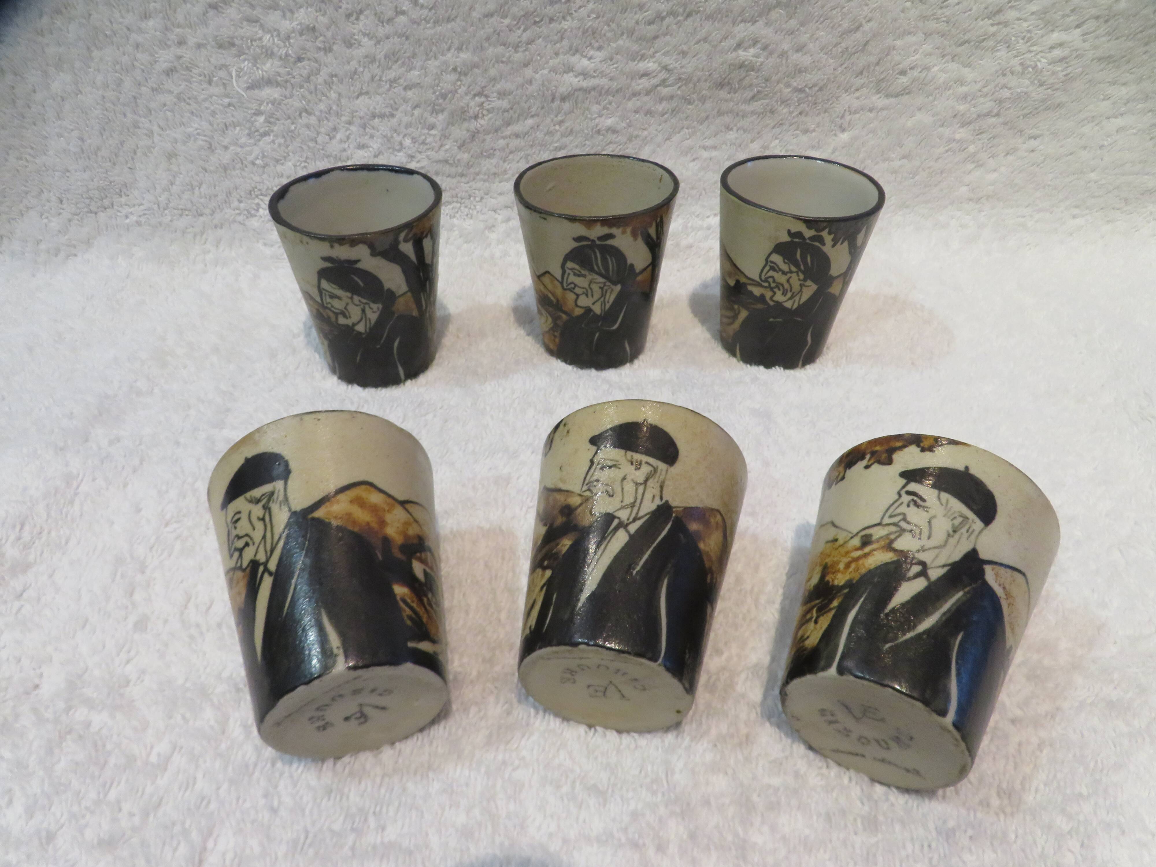 6 Ciboure stoneware liqueur goblets, Vilotte period, 6cl, h 5.8cm