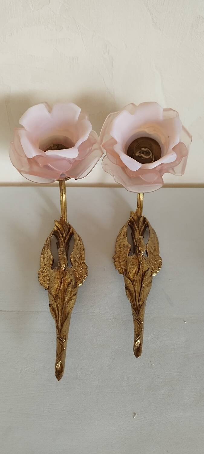 Pair of bronze swan and pink tulip wall lights in glass paste