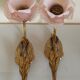 Pair of bronze swan and pink tulip wall lights in glass paste