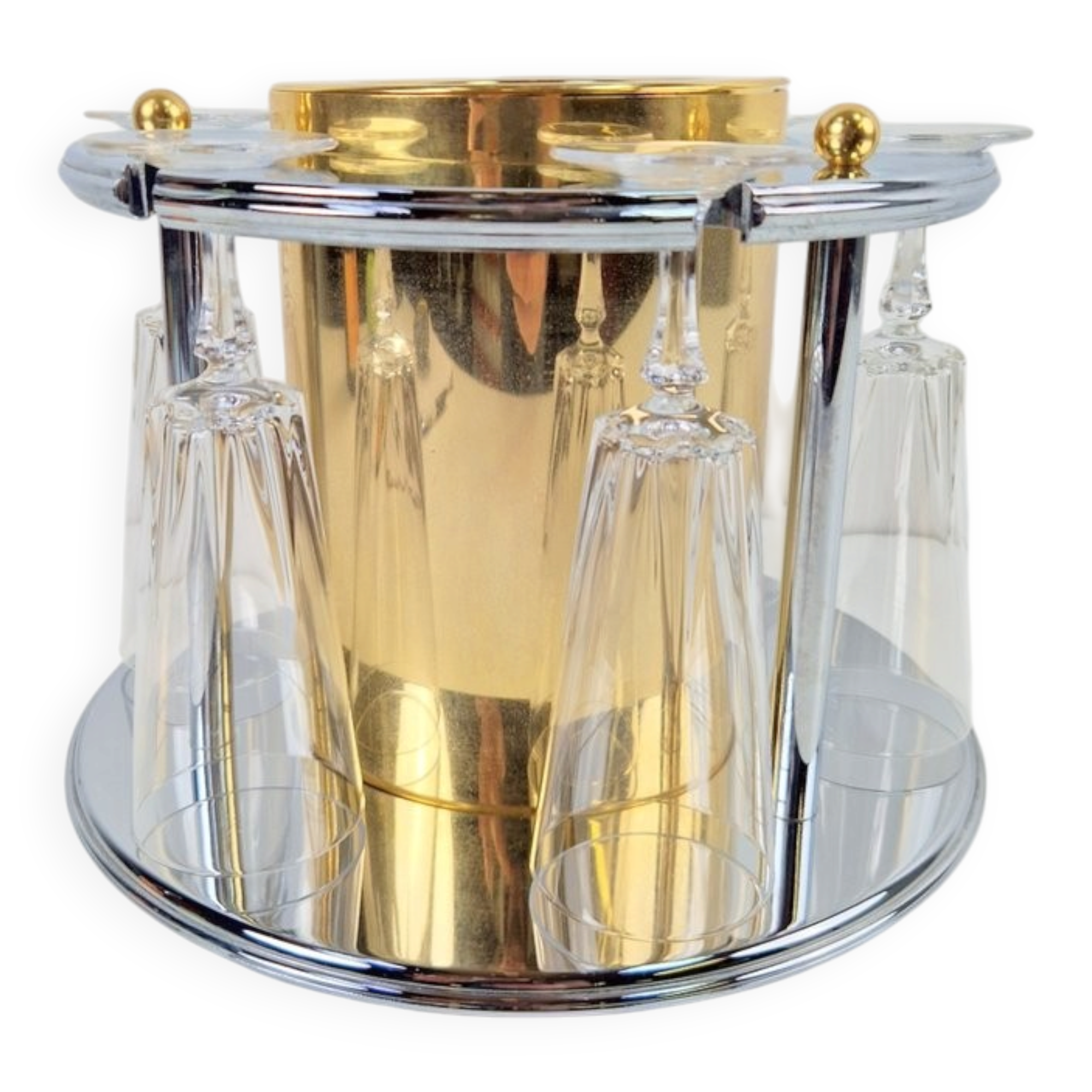 Brass Champagne Cooler with Glass Holder and Crystal flutes by Hans Turnwald for Freddotherm, Germany, 1960s, Set of 7