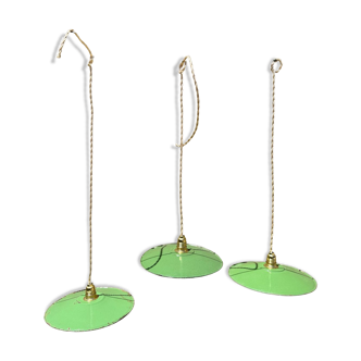 Trio of vintage suspension in green and white enamelled sheet metal indus old farm