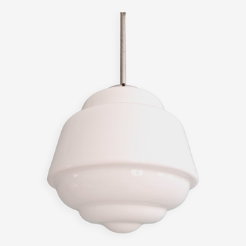Art Deco pendant lamp in white opaline glass of bulbous shape, years 1920-30