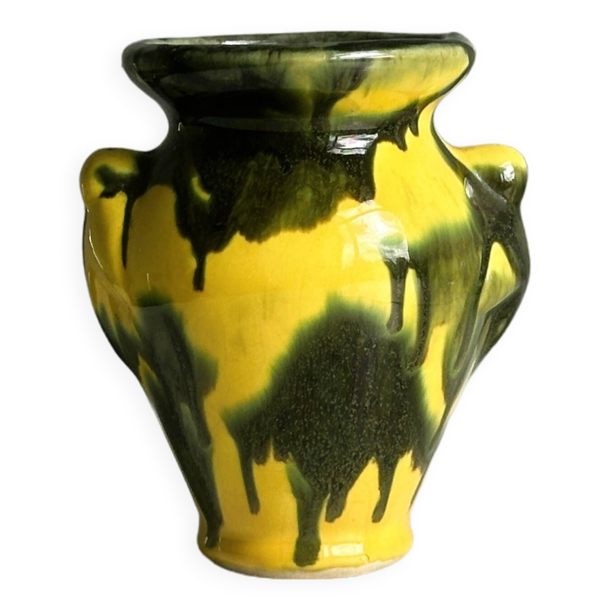 Petit vase en céramique, couleurs jaune et vert, design artistique,