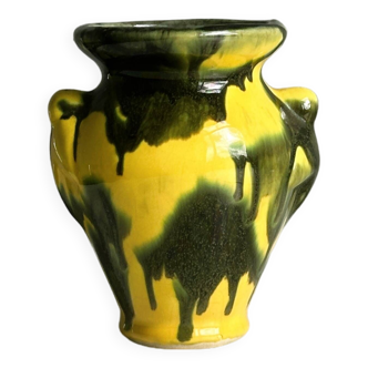 Small ceramic vase, yellow and green colors, artistic design,