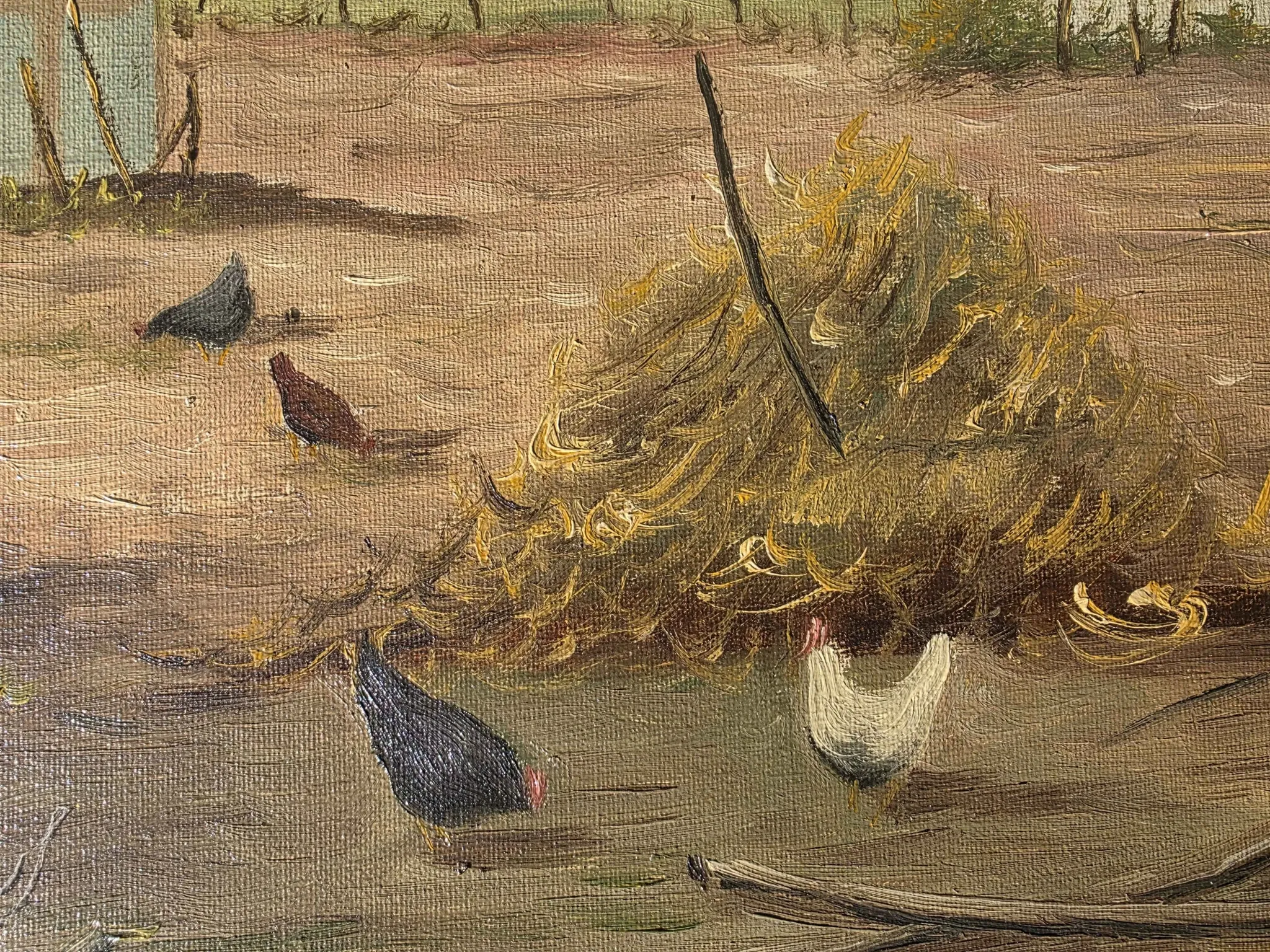 Vintage Oil Painting - Sunlit Farmyard with Chickens