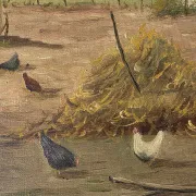Vintage Oil Painting - Sunlit Farmyard with Chickens