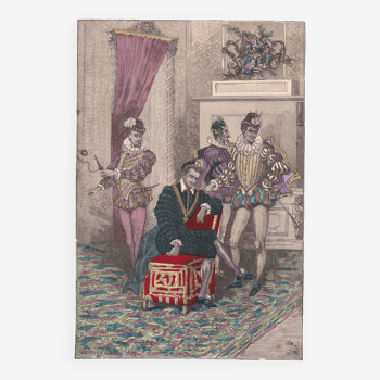 Une illustration , une  image  d'époque  editeur f . roy  costumes de paris henri  ii et ses mignons
