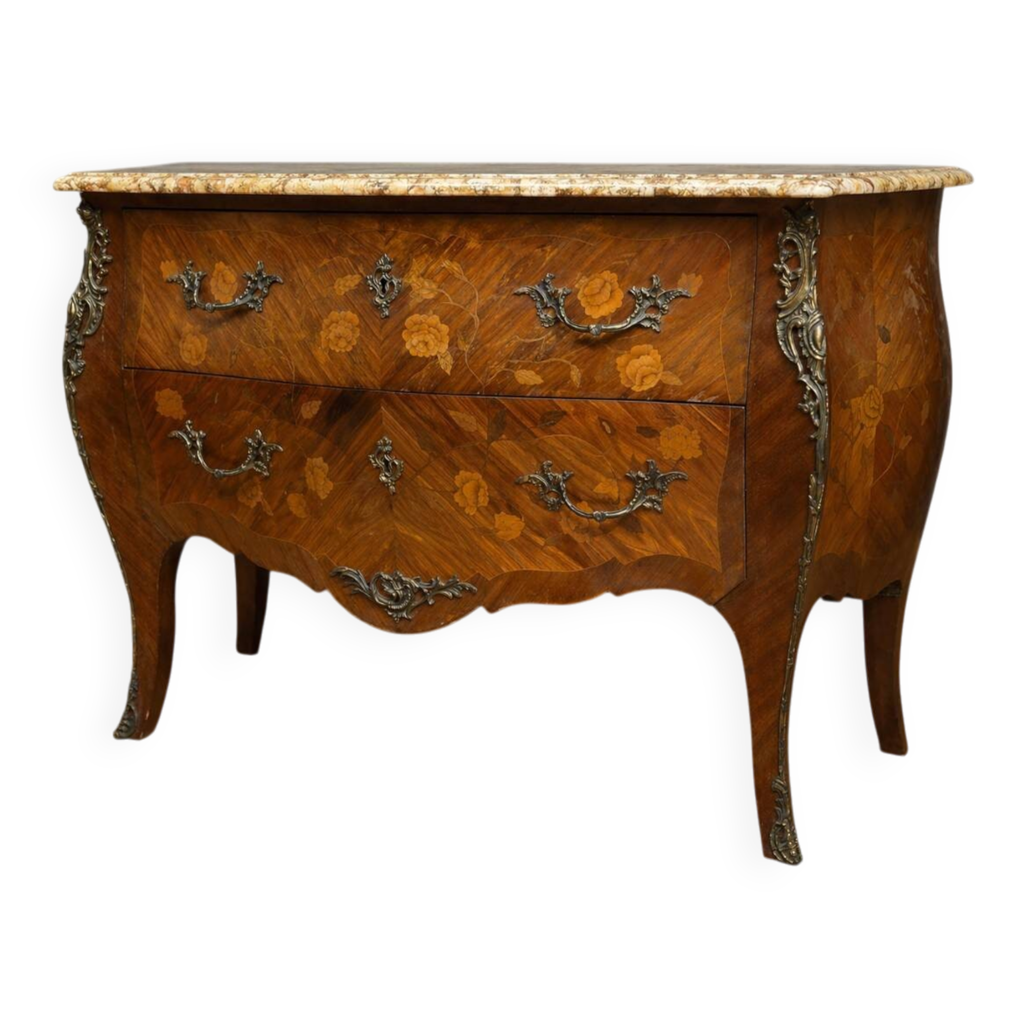 Commode galbée de style Louis XV en marqueterie