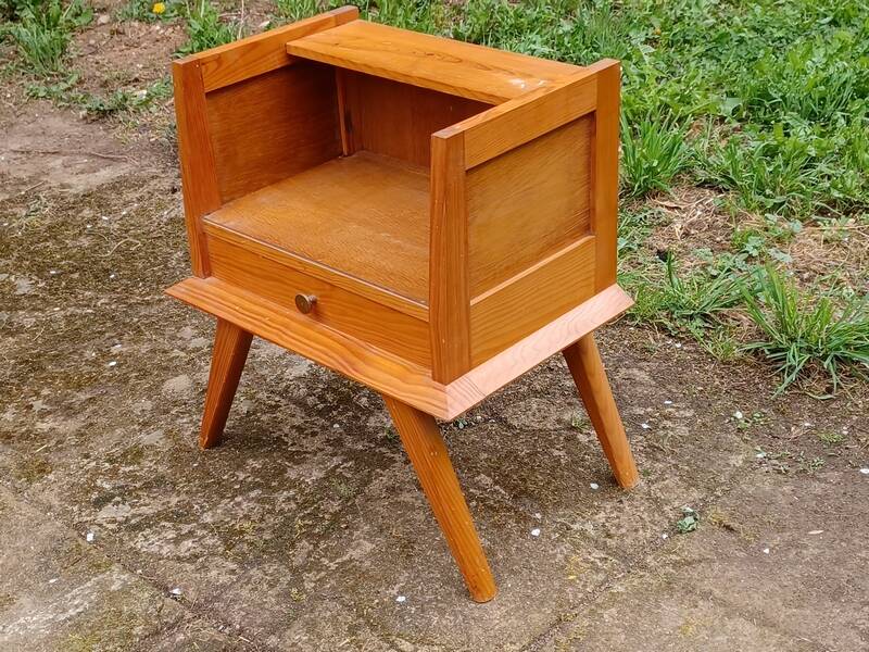 Solid pitch pine bedside table with vintage splayed legs.