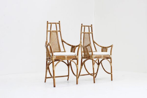 Fauteuils vintage en bambou et rotin avec coussins bouclés, années 1970, lot de 2