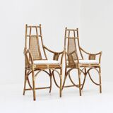 Vintage Bamboo and Rattan Armchairs with Bouclé Cushions, 1970s , set of 2