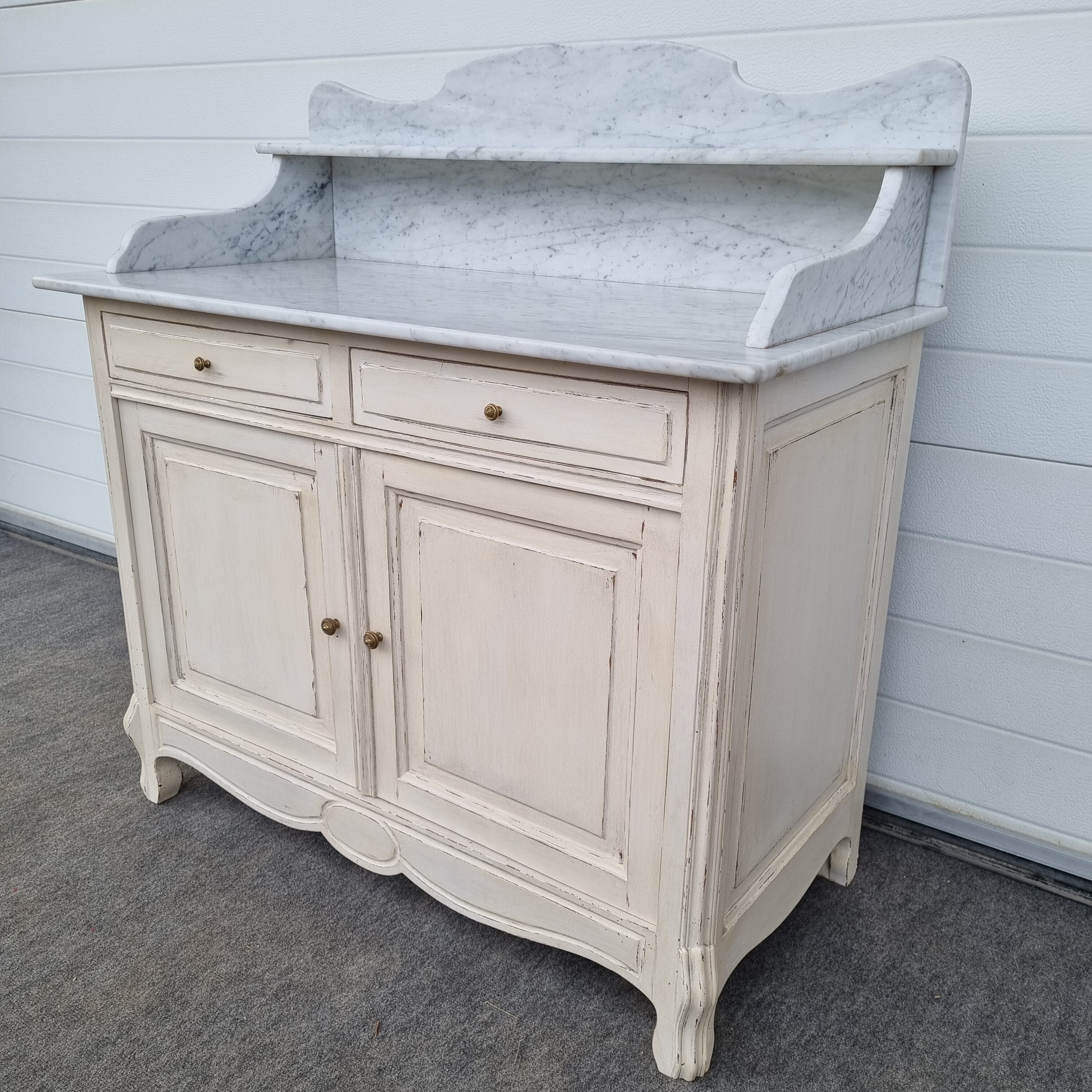 Patinated bathroom cabinet with marble 1940s